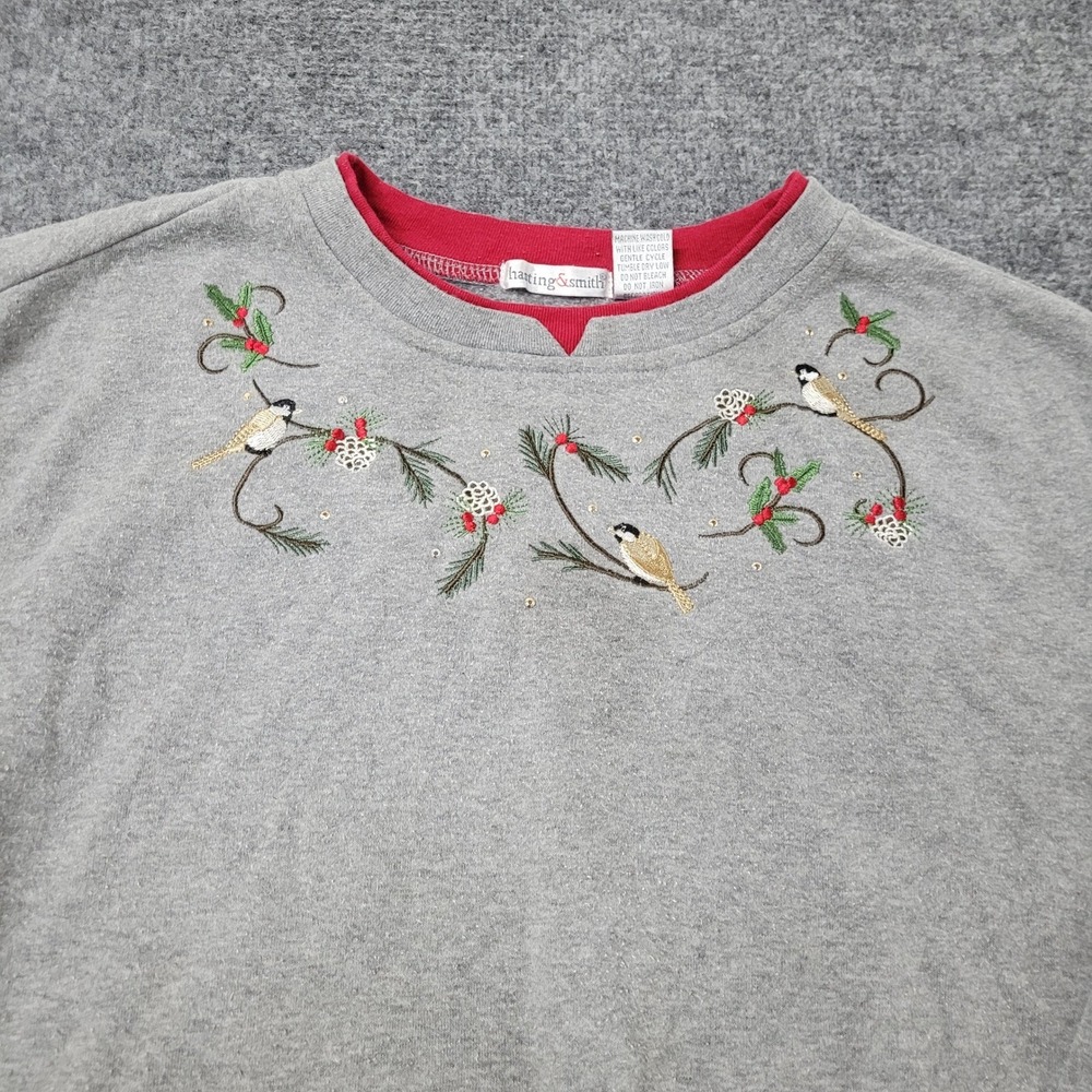 Harting & Smith Sweatshirt Womens Size XL Gray Embroidered Winter Birds Holiday